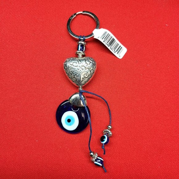 Keychain Key Ring Blue Glass Evil Eye Puffy Heart Silver Tone Metal Etched - Picture 3 of 11